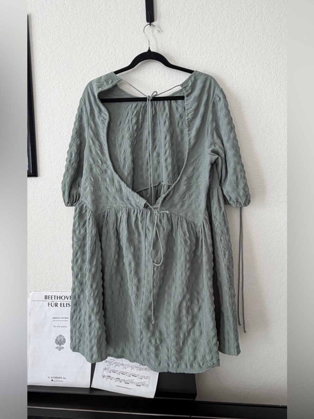ASOS Sage Green Textured Babydoll Mini Dress Puff Sleeve Open Back Cottagecore 8